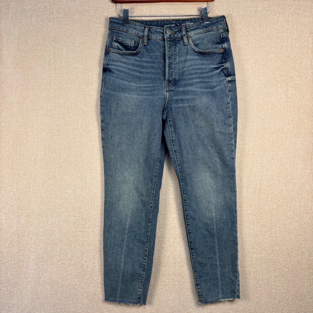 Old Navy OG Straight High Rise Jeans Size 6 Medium Wash Raw Hem Secret Smooth